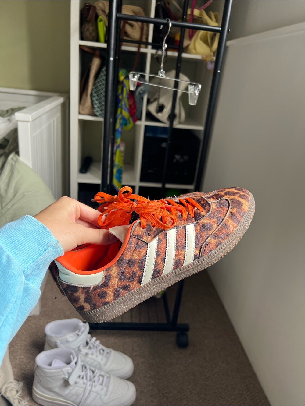 adidas Leopard Print Sambas with Orange Laces